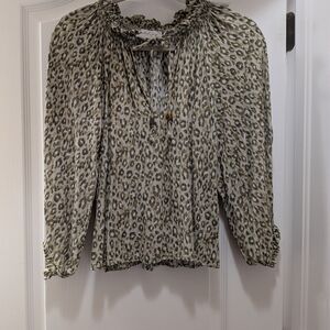 Petal & Pup Olive Leopard Smocked Tie-Neck Blouse